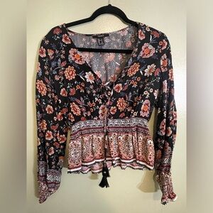 [Forever21] boho long sleeve peasant balloon sleeve floral top in small